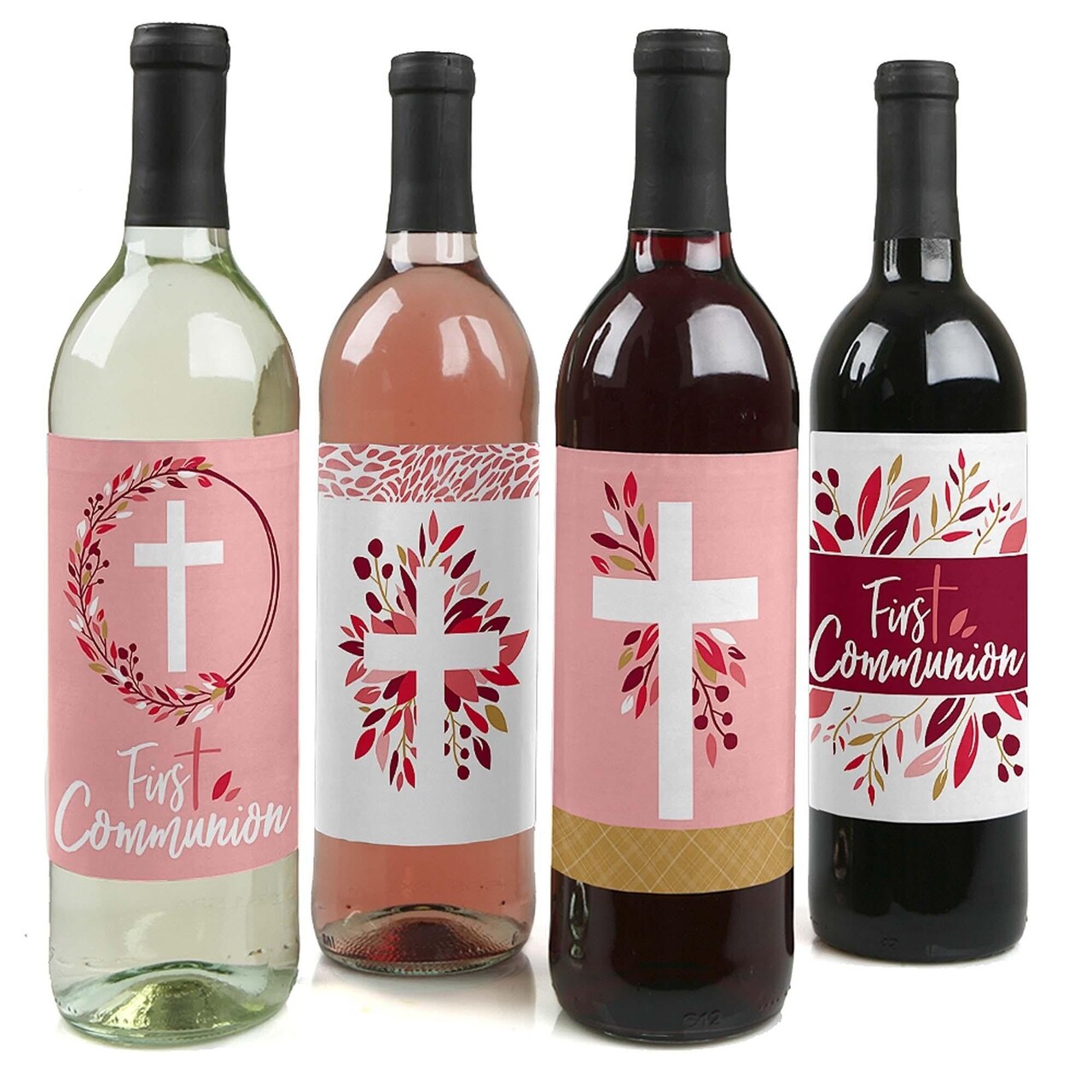 Big Dot of Happiness First Communion Pink Elegant Cross - Girl Religious Party Decorations for Women and Men - Wine Bottle Label Stickers - Set of 4